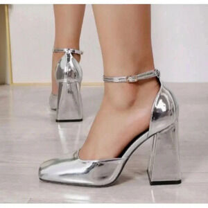 Who What Wear Silver Ankle Strap Shoes Block Heels Square Toes SZ 8.5